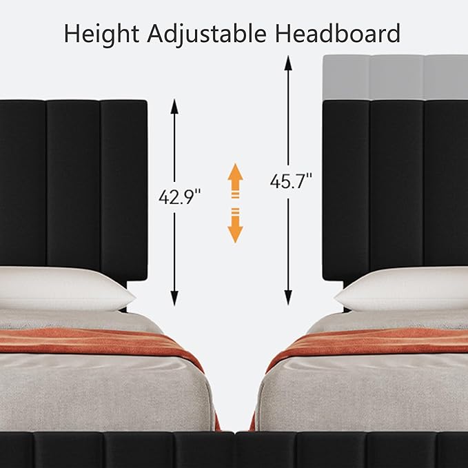Garvee Queen Size Bed Frame with 4 Storage Drawers, Adjustable Height Headboard, Linen Upholstered Platform Bed Frame, No Box Spring Needed, Easy Assembly, Black