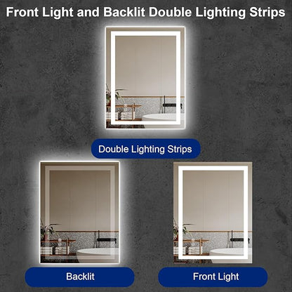 Awoco 28''x36'' LED Bathroom Mirror with Light, Lighted Vanity Mirror with Backlit and Front Light, Dimmable Anti-Fog Memory Function Lighted Mirror with 3 Colors for Bathroom Wall
