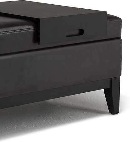 SIMPLIHOME Oregon 42 inch Wide Contemporary Rectangle Storage Ottoman Bench with Tray in Tanners Brown Vegan Faux Leather, Assembled, For the Living Room, Entryway and Family Room