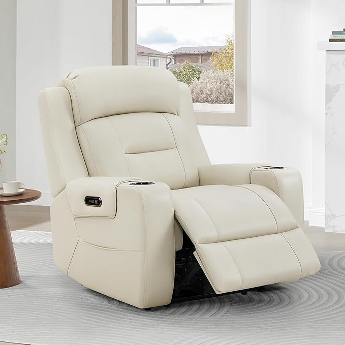 Watson & Whitely Oversized Genuine Leather Power Recliner Chairs for Big and Tall, Extra Wide Lay Flat Recliner with Power Headrest & Cup Holders, Electric Reclining Sofa for Living Room, Cream