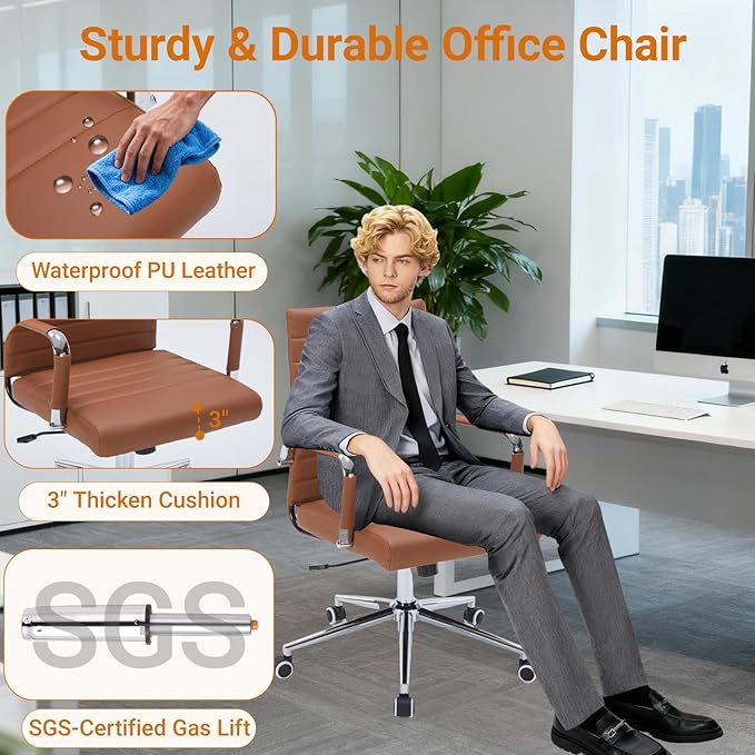 Sidanli Office Desk Chairs with Wheels, Executive Swivel Rolling Faux Leather Computer Chair with Comfortable Lumbar Support for Home Office(Mid Back, Brown)