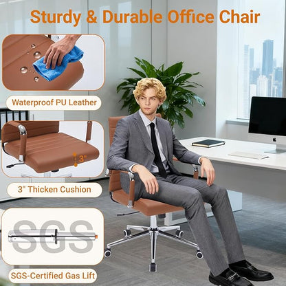 Sidanli Office Desk Chairs with Wheels, Executive Swivel Rolling Faux Leather Computer Chair with Comfortable Lumbar Support for Home Office(Mid Back, Brown)