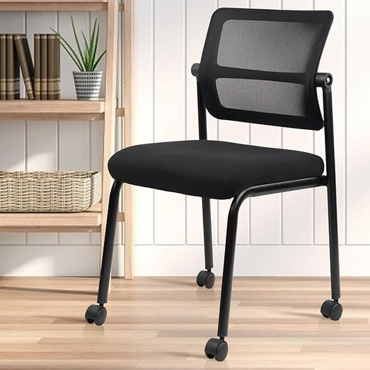 CLATINA Stacking Armless Office Guest Chair with Wheels, Stackable Mesh Waiting Room Reception Desk Chairs with Adjustable Backrest for Conference Lobby Side School, Black, 8PK