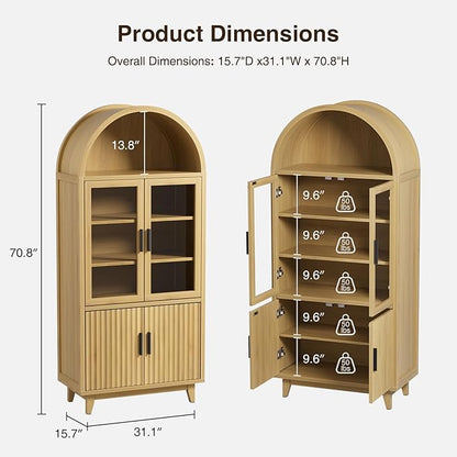Arched Cabinet with Glass Doors, 71" Tall Fluted Galss Cabinet with Solid Wood Legs, Adjustable Shelves Accent Furniture for Living Room, Kitchen, Dining Room, Entryway, Natural
