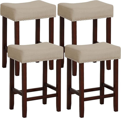 COSTWAY Counter Height Bar Stools Set of 4, 25-inch Backless Saddle Stools with Nailhead Trim, Rubber Wood Frame, Footrest, Max Load 330 Lbs, Upholstered Barstools for Kitchen Island Pub, Beige