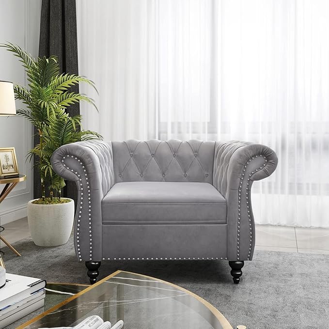 Living Room Chair, Modern Velvet Chesterfield Sofa Chair, Mid Century Single Sofa Couch Chair with Tufted Back and Rolled Arms, Accent Sofa Chair for Living Room Apartment, Grey