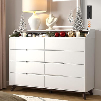Dresser for Bedroom with 8 Drawers, 55" Large Dresser & Chest of Drawers with Charging Station, Wood Closet Clothes Storage Tall Dressers Organizer for Bedroom Living Room Hallway, White
