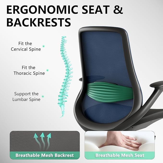Ergonomic Office Chair, High Back Mesh Desk Chair with Lumbar Support, 360° Swivel & Slide-Adjustable Arms, Tilt Lock and Recline, Breathable Task Chair for Home Office & Gaming (Blue)