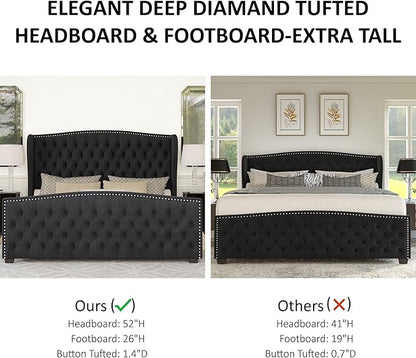 AMERLIFE King Size Platform Bed Frame, Velvet Upholstered Bed with Deep Button Tufted & Nailhead Trim Wingback Headboard/No Box Spring Needed/Black