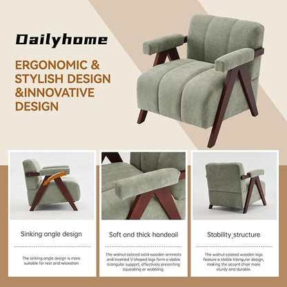 Accent Chair Mid-Century Modern with Wide Backrest for Bedroom, Upholstered Living Room Chair with Wooden, Lounge Armchair with Thick Cushion, Cute Chenille Comfy Chair, Sage