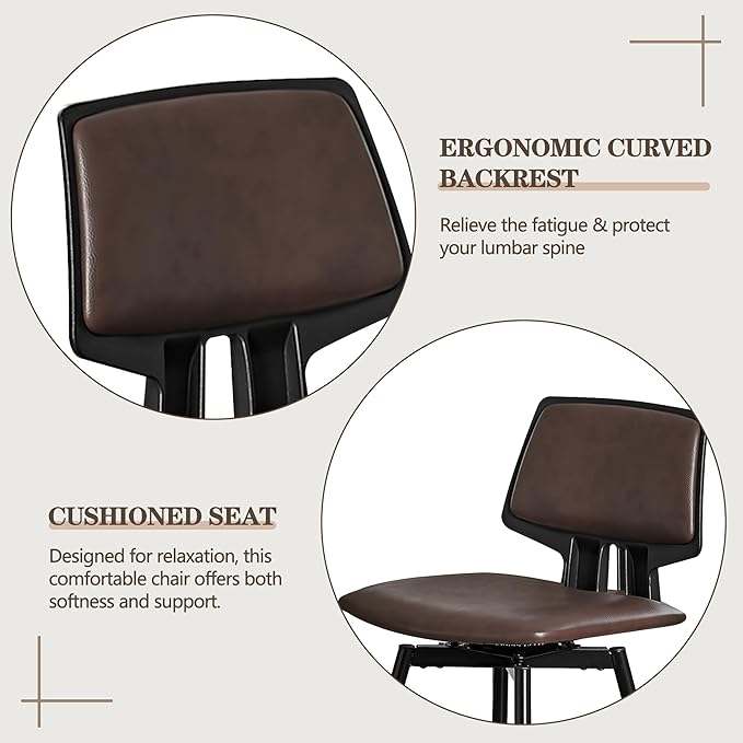 VECELO Swivel Leather Bar Stools Set of 2, Counter Height Barstools with Back, Metal Legs, 35.2-Inch Tall Barstools for Kitchen Island, Home Bar, Cafe, Brown