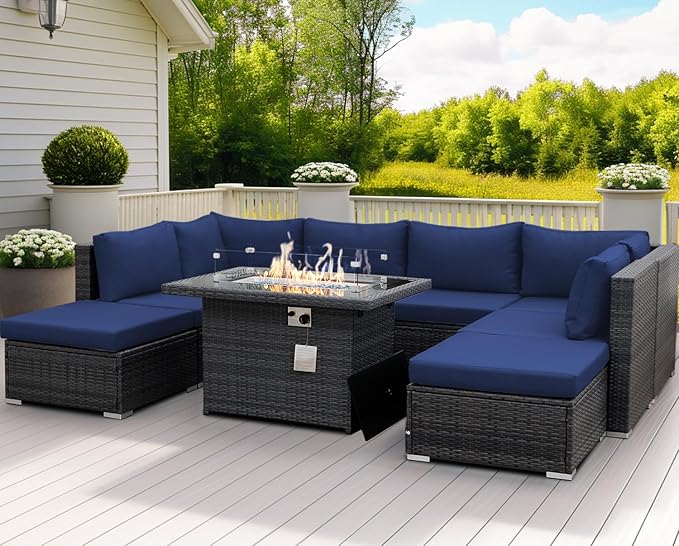 NICESOUL 9 Piece Oversized Outdoor Patio Furniture Set, 29.3'' High Back Comfy Sectional Sofa Set with Firepit Natural Gas & Propane, Deep Seating Conversation Couches, 2 Color Cushion Navy & Gray