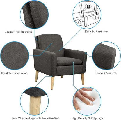 Lohoms Modern Accent Chair for Living Room, Comfy Upholstered Linen Fabric Single Sofa Chair for Bedroom, Guest Room, Office, Waiting Area, Black Armchair with Wood Legs