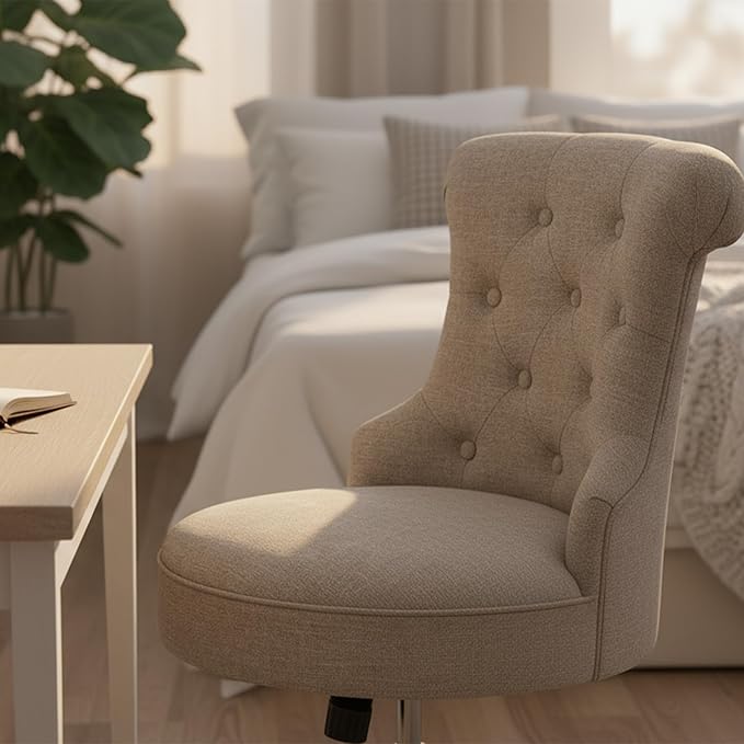 HUIMO Home Office Chair Upholstered Armless Linen Fabric Desk Chair with Wheels Adjustable Height Computer Desk Chair with Wooden Legs No Arms Swivel Chairs for Farmhouse Women Study Studio (Brown)