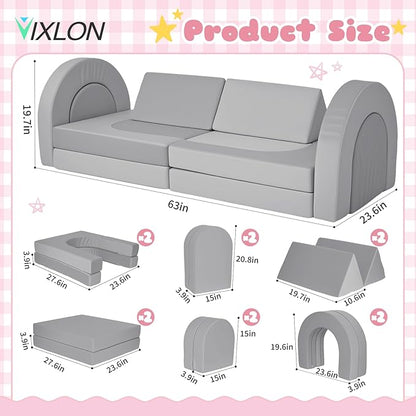 12 Pcs Modular Kids Play Couch, Toddler Couches That Fold Out, Plush Foam Chair for Children’s Playroom, Velvet Fabric Convertible Foam and Floor Cushion for Boys and Girls (Gray,07)