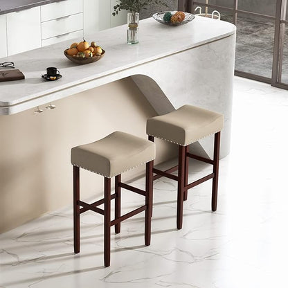 COSTWAY Set of 4 Bar Stools, 29.5-inch Backless Saddle Stools with Nailhead Trim, Rubber Wood Frame, Footrest, Max Load 330 lbs, Upholstered Barstools for Kitchen Island Pub, Beige