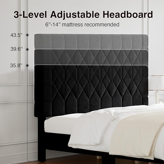 Novilla King Size Bed Frame, King Bed Frame and Headboard, Velvet Upholstered Pull-Point Bed Frames, No Box Spring Needed, Heavy Duty Feet, Easy Assembly, Black Velvet