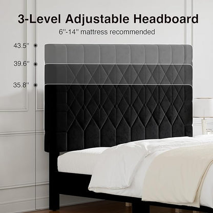 Novilla King Size Bed Frame, King Bed Frame and Headboard, Velvet Upholstered Pull-Point Bed Frames, No Box Spring Needed, Heavy Duty Feet, Easy Assembly, Black Velvet