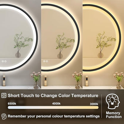 S'bagno 24'' Round Black LED Mirror for Bathroom with Frontlit & Backlit, Metal Frame, Anti-Fog, Stepless Dimmable, 3 Colors Temperature Vanity Mirror
