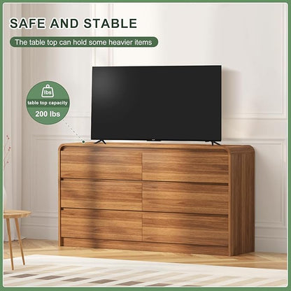 47 Inch Dresser For Bedroom 6 Drawer Wood Chest of Drawers - Curved Anti Collision, Mid Century Dresser For Closet with Natural Texture & Pre-Embedded Slots for TV Stand, Living Room, Nursery