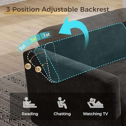 KKL Modular Sectional Sofa Couches for Living Room, 113" Sofa Couch with Adjustable Backrest, Chenille 3 Seater Sofa Couch with Comfy Cushion, Chenille, Black