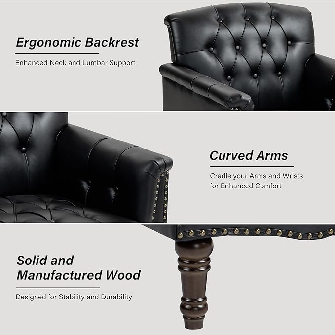 Faux Leather Accent Chair, PU Leather Modern Comfy Upholstered Armchair with Wood Legs & Nailhead Trim for Living Room, Bedroom (Black,Set of 2)