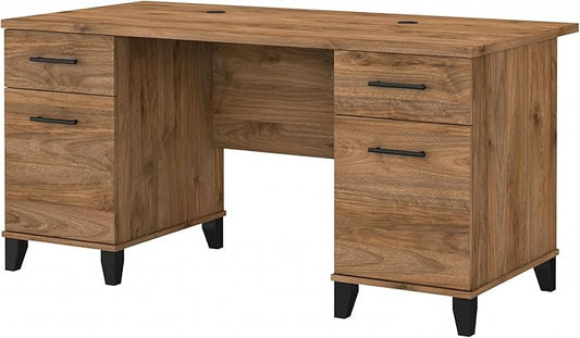 Bush Furniture 60-inch Home Office Desk with Drawers, Large Computer Table with Storage, Transitional Style, Somerset Collection, Fresh Walnut