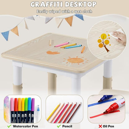 Adjustable Kids Table Chairs Set – Graffiti Desktop, Multi-Activity Height-Adjustable Toddler Study Desk for Ages 3-8 – Ideal for Home, Classroom, Daycare (W-Wood, 4 Chairs-23.6" L x 23.6" W)
