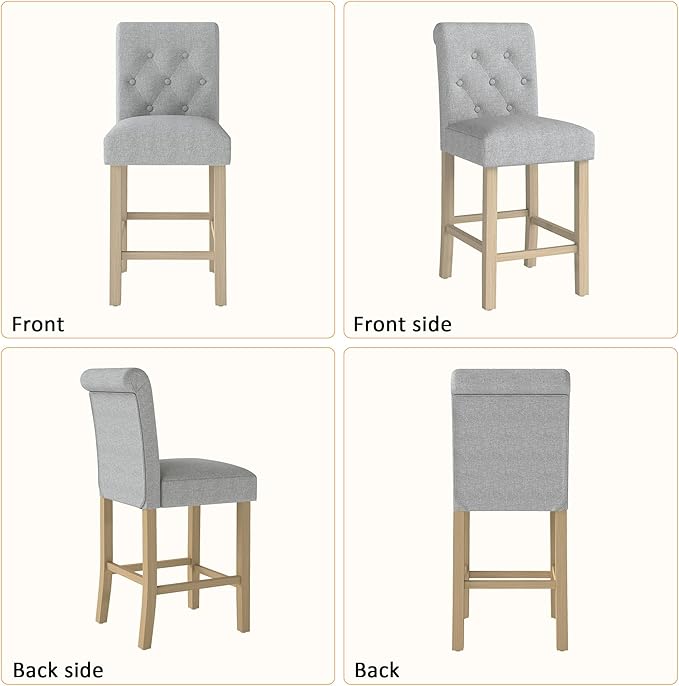 GOTMINSI 24" Bar Stools Set of 4 for Kitchen Island Upholstered Counter Height Bar Stools with Button Tufted Decoration Barstools Home Kitchen Island Wooden Bar Chairs Grey