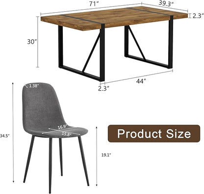 Dining Table Set for 6，Dinner Table Set for 6，71'' Dark Wood Kitchen Table and Suede Nap Fabic Chairs Set of 6，6 Chair Dining Table Set for Kitchen Dining Room