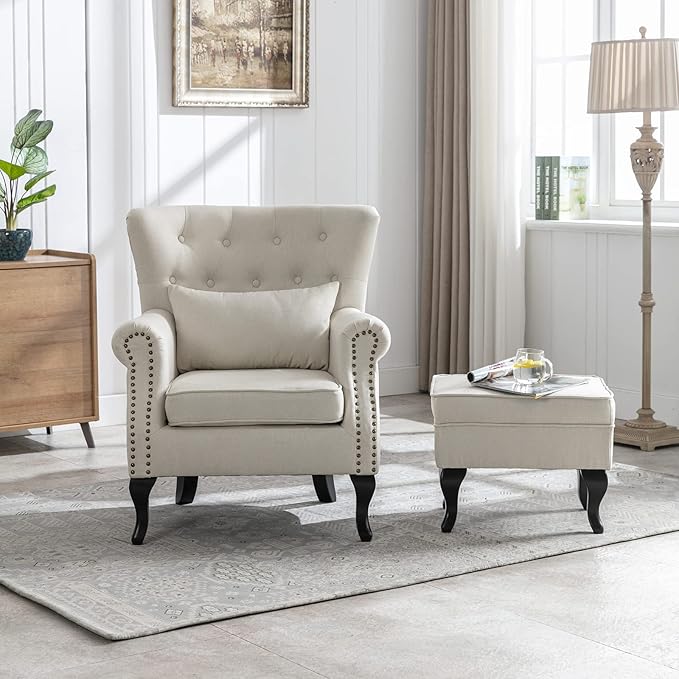 Accent Reading Arm Chairs with Ottoman Set of 2 for Living Room Bedroom, Midcentury Modern Corner Sofa Chair, Wingback Waiting Room Club Chair with Tufted Back &Lumbar Pillow, Linen Beige