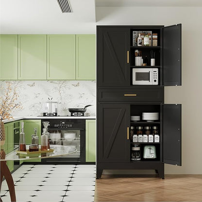 Large Metal Kitchen Pantry Cabinet with Adjustable Shelves - Freestanding Kitchen Storage Cabinet for Dining Room,Livingroom Bathroom, Hallway, Workshop, Office (Black, 71"-1 Drawer)