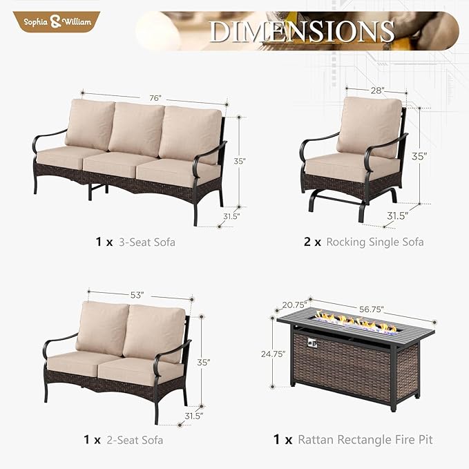 Sophia & William Patio Furniture Set with Fire Pit Table, 5 PCS Metal Outdoor Conversation Set with Fire Pit Table, 2 Sofa Chairs,1 Loveseat, 3-Seater Couch for Outdoor Seating, Backyard, Porch