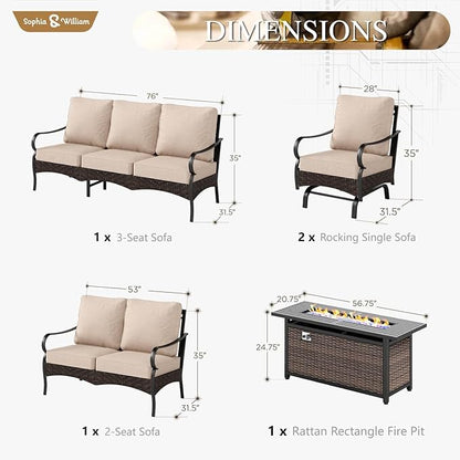 Sophia & William Patio Furniture Set with Fire Pit Table, 5 PCS Metal Outdoor Conversation Set with Fire Pit Table, 2 Sofa Chairs,1 Loveseat, 3-Seater Couch for Outdoor Seating, Backyard, Porch