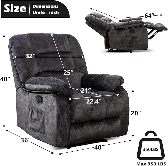 ANJHOME Massage Recliner Chairs with Heat and Vibration,Overstuffed Manual Rocking Reclining Chair for Living Room Bedroom (Grey)
