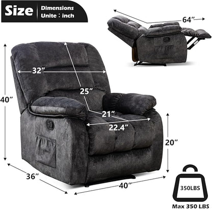 ANJHOME Massage Recliner Chairs with Heat and Vibration,Overstuffed Manual Rocking Reclining Chair for Living Room Bedroom (Grey)