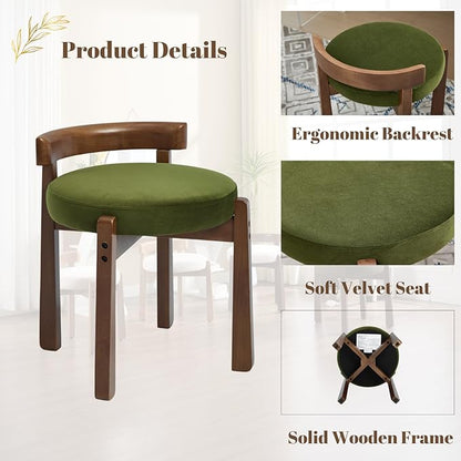 Modern Vanity Chair Upholstered Small Ottoman Footstool, Make Up Stool Velvet Fabric with Backrest Wooden Frame for Living Room Bedrooms, 1PC, Green