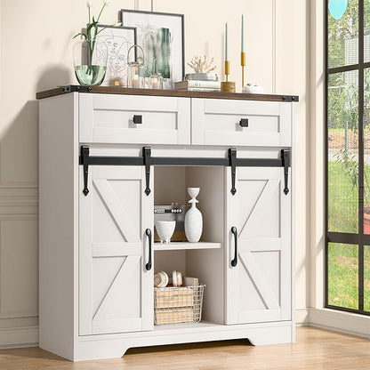 Farmhouse Storage Cabinet, Bathroom Cabinet with 2 Sliding Barn Doors, Floor Storage Cabinets with Adjustable Shelves and 2 Drawers for Kitchen, Living Room, Dining Room, White
