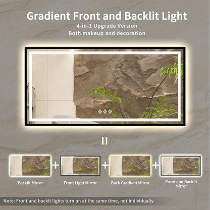 Lighted Vanity Mirror, 72x36 Inch Black Framed Gradient Front and Backlit Bathroom Mirrors for Vanity, 3 Colors Dimmable CRI>90, IP54 Enhanced Anti-Fog Wall Mounted LED Vanity Mirror