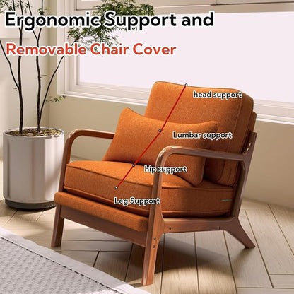 Mid-Century Accent Chair Set of 2,Linen Fabric Lounge Chair with Wide Armrest,Linen Fabric Armchair withLumbar Pillow & Solid Wood Frame for Living Room, Bedroom, Balcony(Orange)