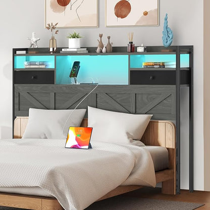 King Size Headboard with Drawers, Outlets & USB Ports,Sturdy Wood Bed Frame with Adjustable Height, Built-in LED Lighting (Grey, King 75.2 * 7.08 * 45.7)