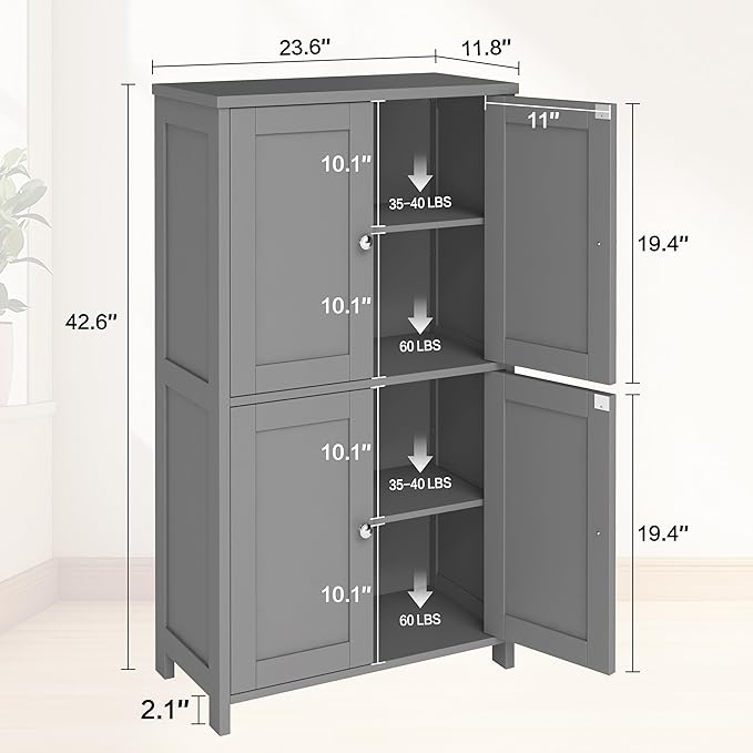 Nuturelly Bathroom Floor Storage Cabinet, Bathroom Organizers and Storage with Top Board & Metal Handles for Kitchen, Grey