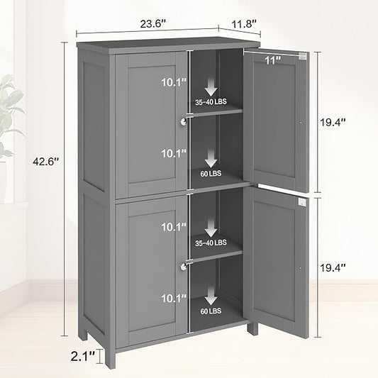 Nuturelly Bathroom Floor Storage Cabinet, Bathroom Organizers and Storage with Top Board & Metal Handles for Kitchen, Grey