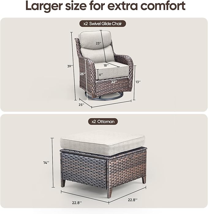 Swivel Patio Chairs sofa Set with 6" Thick Cushion - Wicker Outdoor Swivel Rocker Patio Chair with Side Table, High Back Comfortable Outdoor Glider Chairs - Brown Wicker | Beige Cushions | 4pcs