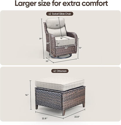 Swivel Patio Chairs sofa Set with 6" Thick Cushion - Wicker Outdoor Swivel Rocker Patio Chair with Side Table, High Back Comfortable Outdoor Glider Chairs - Brown Wicker | Beige Cushions | 4pcs