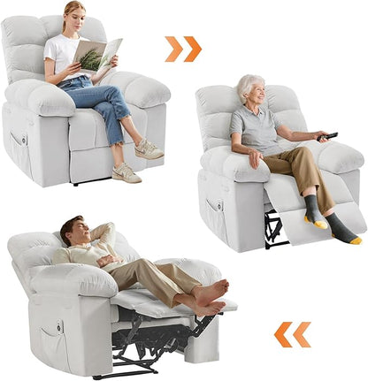 Recliner Rocking Chair with Massage and Heat, Wide Overstuffed Ergonomic Fabric Recliner with Breathable Upholstery, 2 Side Pockets & Remote Control for Living Room or Bedroom