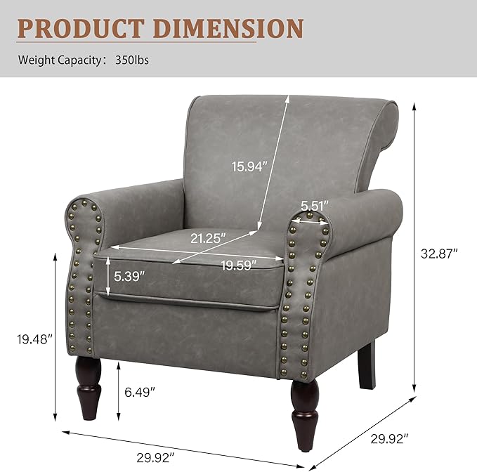 Accent Chair, Mid Century Modern Faux Leather Arm Chair with Wood Leg for Living Room, Bedroom, Comfy PU Leather Club Reading Chairs with Wingback & Nailhead Trim (Leather Grey, Set of 2)