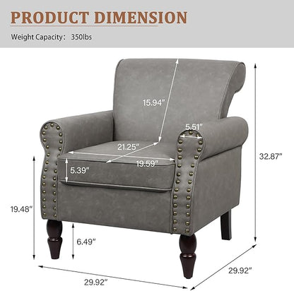 Accent Chair, Mid Century Modern Faux Leather Arm Chair with Wood Leg for Living Room, Bedroom, Comfy PU Leather Club Reading Chairs with Wingback & Nailhead Trim (Leather Grey, Set of 2)