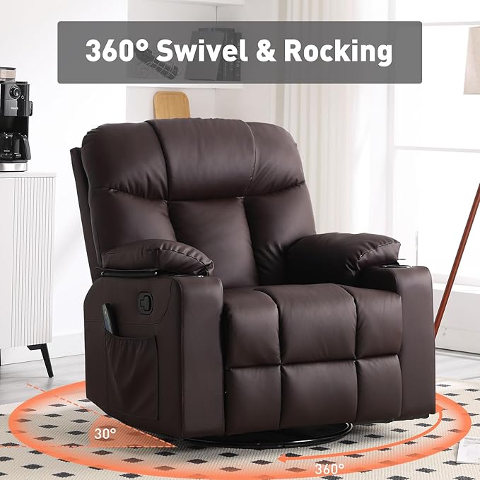 Bonzy Home Swivel Rocker Recliner with Heating and Massage, 40" Manual Rocker Recliner Chair, PU Leather Single Sofa with 2 Cup Holders for Living Room Bedroom, Brown