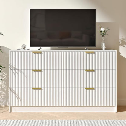 White 6 Drawer Dresser Bedroom,55” Wide Large White Fluted Dresser with Gold Handles, Modern Chest of Drawer for Closet, Bedroom, Living Room